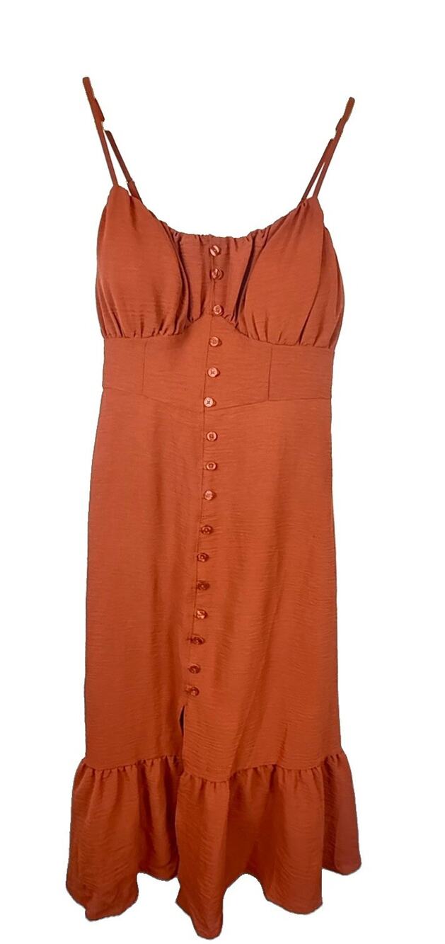 No Boundaries Rust Midi Dress Button Front Cami Peasant Boho Ruffle Size M